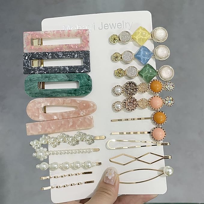 Mehayi 20 PCS Pearls and Acrylic Resin Hair Clips, Handmade Hair Barrettes, Marble Alligator bobby pins, Glitter Crystal Geometric Hairpin, Elegant Gold Hair Accessories, Gifts for Women Girls