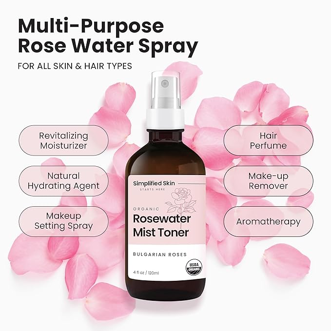 Rose Water Spray for Face & Hair – Pure USDA Organic Rosewater Toner – Refreshing Mist for Skin Care, Makeup & Locs – Natural Rose Scent, 4 Oz (2 Pack)