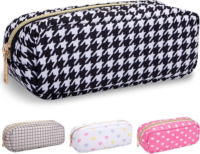 Nylon Slim Makeup Bag, Cute Makeup Brush Case, Preppy Cosmetic Zipper Pouch for Purse, Travel Toiletry Bag Clutch Coin Pouch Make Up Organizer for Women Girls (Black Houndstooth)