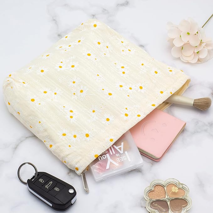 PAZIMIIK Floral Makeup Bag Large Cotton Zipper Pouch for Purse Travel Canvas Make Up Organizer for Women Cosmetic,Daisy Beige