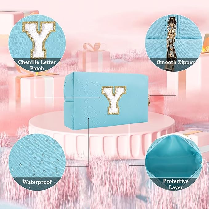 Small Personalized Letter Makeup Bag, Cute PU Leather Chenille Letters Cosmetic Bag Travel Makeup Pouch, Preppy Travel Organizer Zipper Pouch for Women&Girls（Blue-Y）