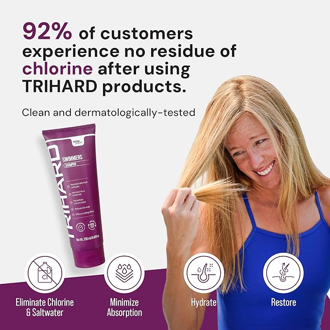 TRIHARD Chlorine Removal Swim Shampoo, Cleanse and Hydrate Hair from Pool and Ocean, Post Swim Chlorine and Hard Water Hair Protection (Pack of 2)