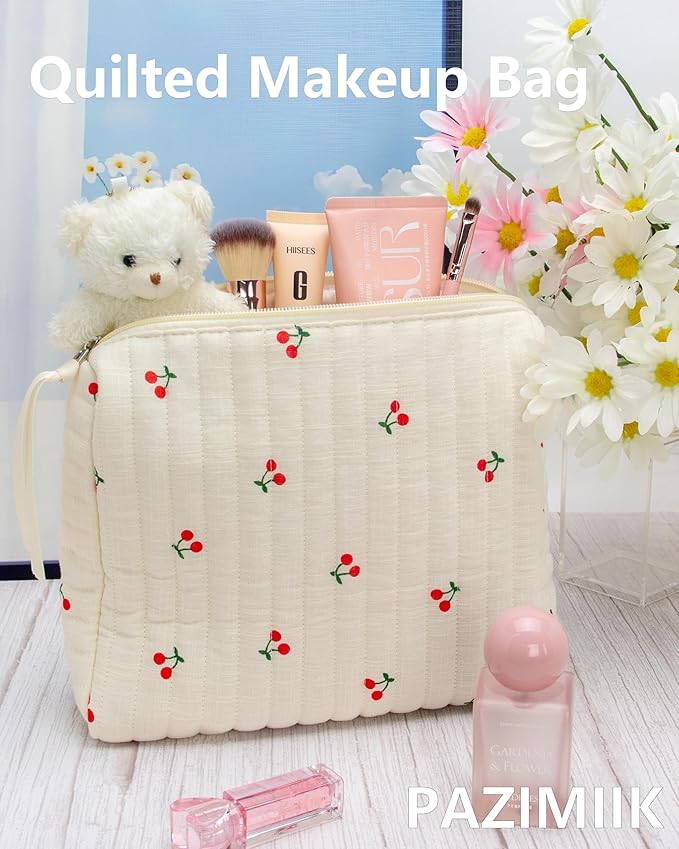 PAZIMIIK Quilted Makeup Bag Large Travel Zipper Soft Cosmetic Pouch for Women Girls Make Up,Cherry Beige