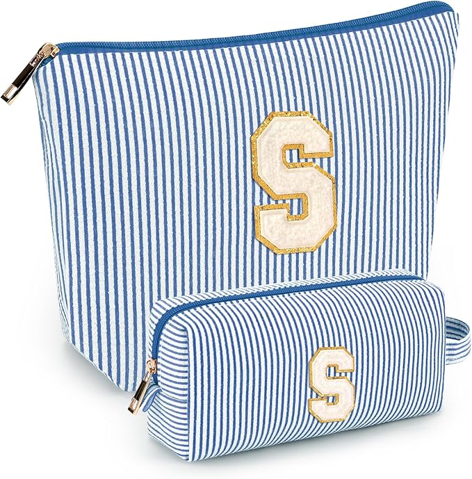 2 PCS Initial Makeup Bags for Women: Cosmetic Bag for Travel Toiletry - Birthday Gifts for 11 12 13 14 15 16 17 18 Years Old Girl Graduation Teacher Gift- Teen Girl Gifts Trendy Stuff - Blue S