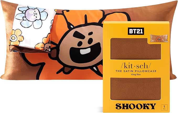 Kitsch x BT21 (Shooky) Satin Pillowcase with Zipper for Hair & Skin - Softer Than Silk Pillow Cases, Smooth Cooling Pillow Cover, Wrinkle-Free, Machine Washable, King Size (19x36)