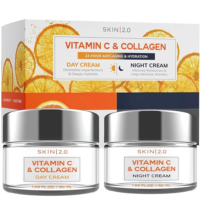 Vitamin C & Collagen Day & Night Face Moisturizer Cream - Dermatologist Tested, Brightening, Anti-Aging, Clean Beauty, Cruelty-Free Korean Skincare for All Skin Types - 1.69 oz (2-Pack)