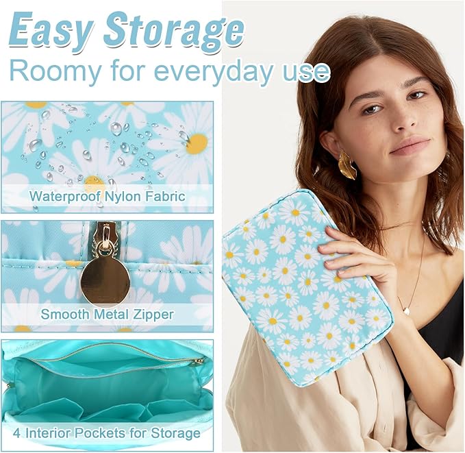 Nylon Large Floral Makeup Organizer Bag, Preppy Big Cute Flower Cosmetic Zipper Pouch Multi-compartment with Dividers, Waterproof Toiletry Make Up Brushes Bag Travel Essentials for Women(Blue-Daisy)