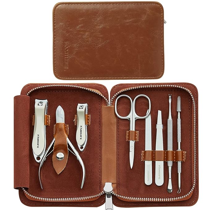 FAMILIFE Manicure Set, Nail Clippers Pedicure Tool, 8 pcs Stainless Steel Manicure Kit Professional Grooming Tool, Nail Kit with Portable Brown Leather Travel Case Luxury Gifts for Men