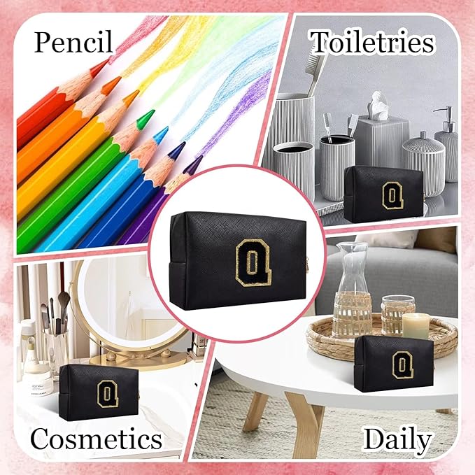 Small Personalized Letter Makeup Bag, Cute PU Leather Chenille Letters Cosmetic Bag Travel Makeup Pouch, Preppy Travel Organizer Zipper Pouch for Women&Girls（Black-Q）