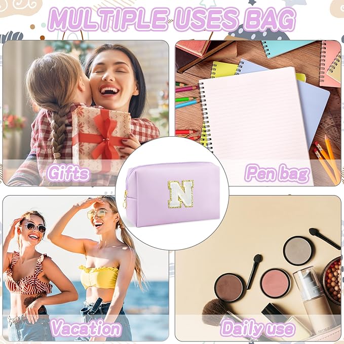 Gifts for Girls Initial Makeup Bag Personalized Cosmetic Bag with Zipper Cute Travel Toiletry Bag Waterproof PU Preppy Makeup Pouch Birthday Gift for Teen Girls Women(Purple N)