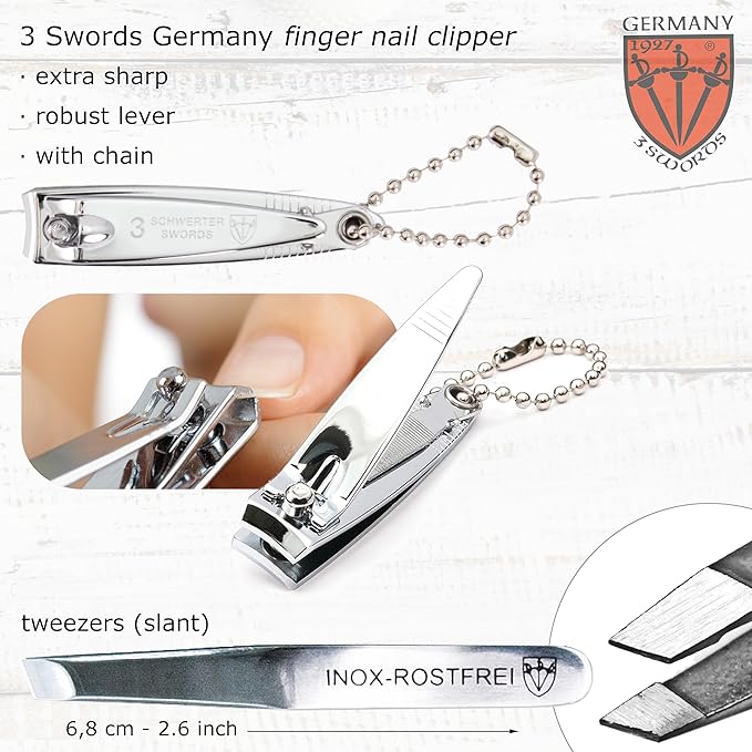 3 Swords Germany - Brand Quality 6 Piece Manicure Pedicure Grooming kit Set - Scissors, Metal and Glass Nail File, Clipper, Tweezers with Synthetic Leather case - red