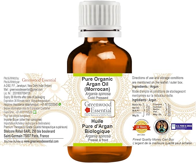Greenwood Essential Pure Organic Argan (Moroccan) Oil (Argania spinosa) Cold Pressed 10ml (0.33 oz)
