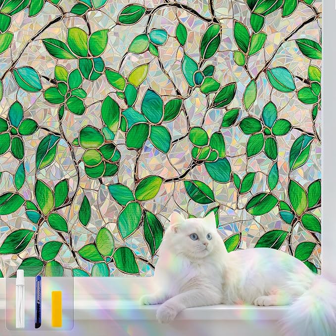 Stained Glass Window Privacy FilmDecorative Rainbow Static Clings -ldeal for Home &Office,Adhesive-Free,Removable, Uv-Blocking(Green Rainbow, 45.2 X 157.4 in)