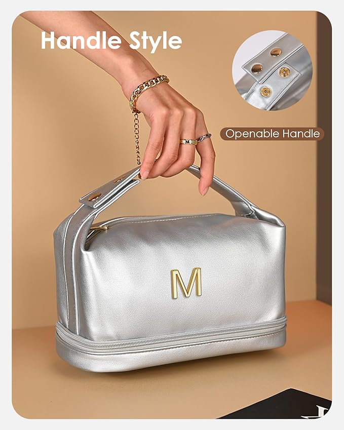 Gifts With Initials for Women, Personalized Makeup Bag with Handle, Initial Double Layer Cosmetic Bag with Makeup Brush Organizer, Cute Cosmetic Pouch for Women, Gifts for Friends Female