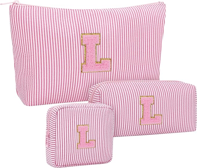 MONSTINA Personalized Initial Makeup Case and Divider for Women,Make Up Case for Girlfriend Bridesmaid Wife,Birthday Gift for Her Cute Toiletry Bag,3PCS,Pink L