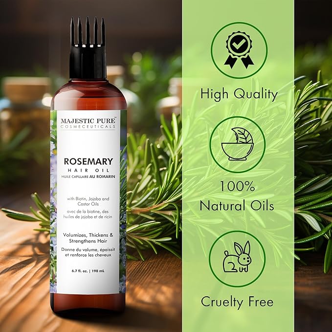 Majestic Pure 100% Pure Rosemary Oil For Hair Growth - Strengthening, Nourishing, Volumizing - Infused with Biotin Oil, Jojoba Oil & Castor Oil - Non GMO Verified - 6.7 Fl Oz (Pack of 2)