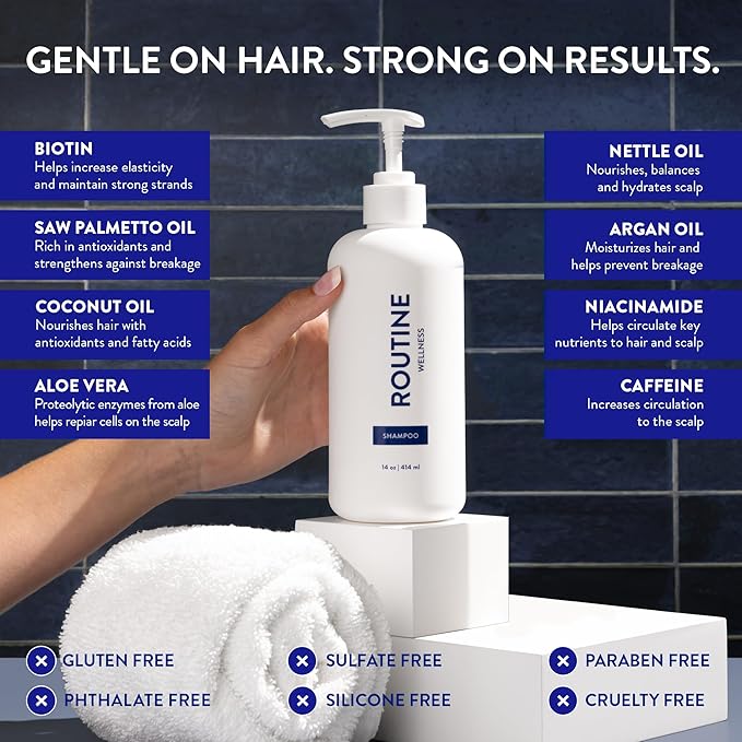 Routine Wellness Anti-Thinning Shampoo for Thinning Hair - Biotin DHT Blocker Women & Men - Color Safe Shampoo for Hair Loss & Healthy Hair - Rose Hips - 14oz