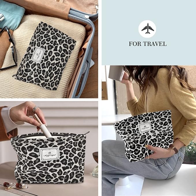 STARDW Leopard Makeup Bag Organizer Cosmetic Bags for Women and Girls,Travel Toiletry Bag Large Capacity Canvas Makeup Zipper Pouch, Purse Organizer Pouches (Gray Leopard)