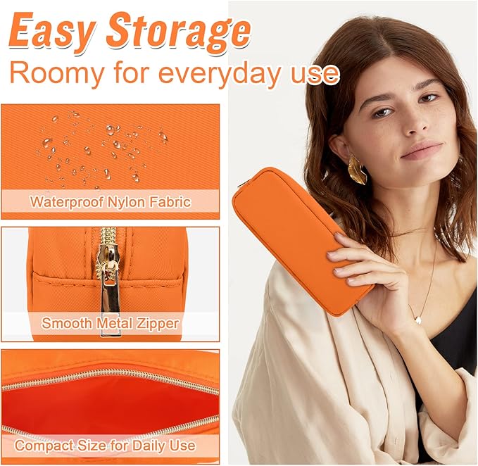 Izuzta Nylon Small Makeup Bag Slim Pouch, Preppy Cute Brush Case, Cosmetic Zipper for Purse, Waterproof Travel Toiletry Clutch Coin Organizer for Women Girls (Orange)