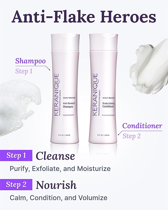 Anti Dandruff Shampoo & Scalp Restoring Conditioner - Gentle for Color-Treated Hair - Best for Thinning Hair & Dry Scalp - Antidandruff Shampoo for Women & Deep Conditioner by Keranique