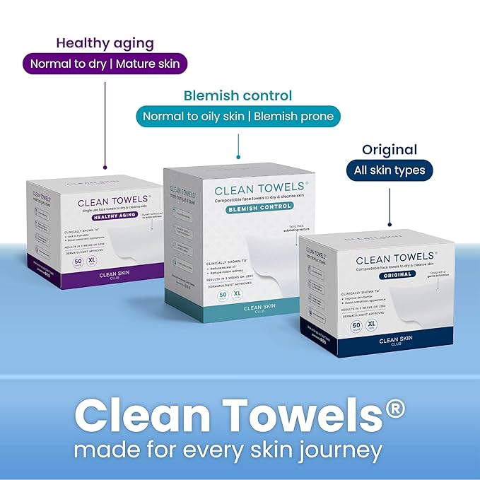 Clean Skin Club Clean Towels XL® Supreme, 100% USDA Biobased Face Towel, Disposable Face Towelette, Eczema Association Accepted, Thicker Textured Makeup Remover Dry Wipes, 1 Pack, 50 Ct