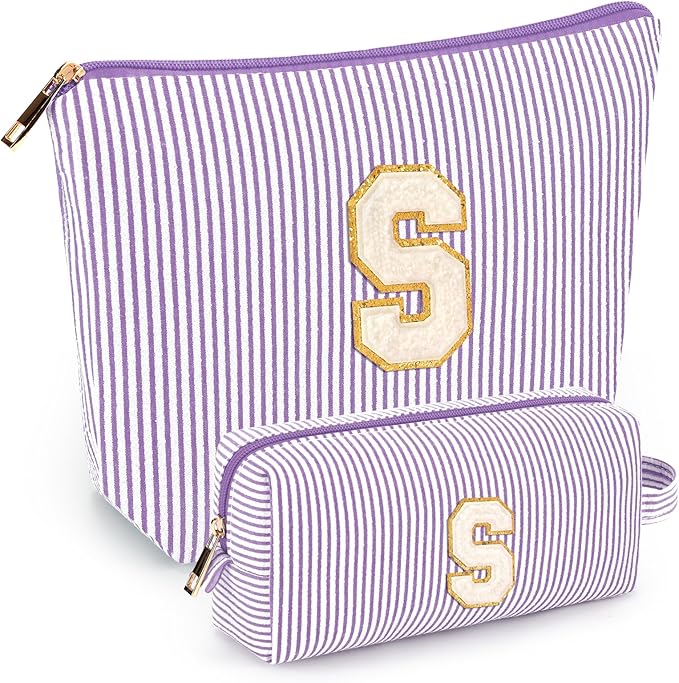 2 PCS Initial Makeup Bags for Women: Cosmetic Bag for Travel Toiletry - Birthday Gifts for 11 12 13 14 15 16 17 18 Years Old Girl Graduation Teacher Gift- Teen Girl Gifts Trendy Stuff - Purple S