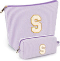 2 PCS Initial Makeup Bags for Women: Cosmetic Bag for Travel Toiletry - Birthday Gifts for 11 12 13 14 15 16 17 18 Years Old Girl Graduation Teacher Gift- Teen Girl Gifts Trendy Stuff - Purple S