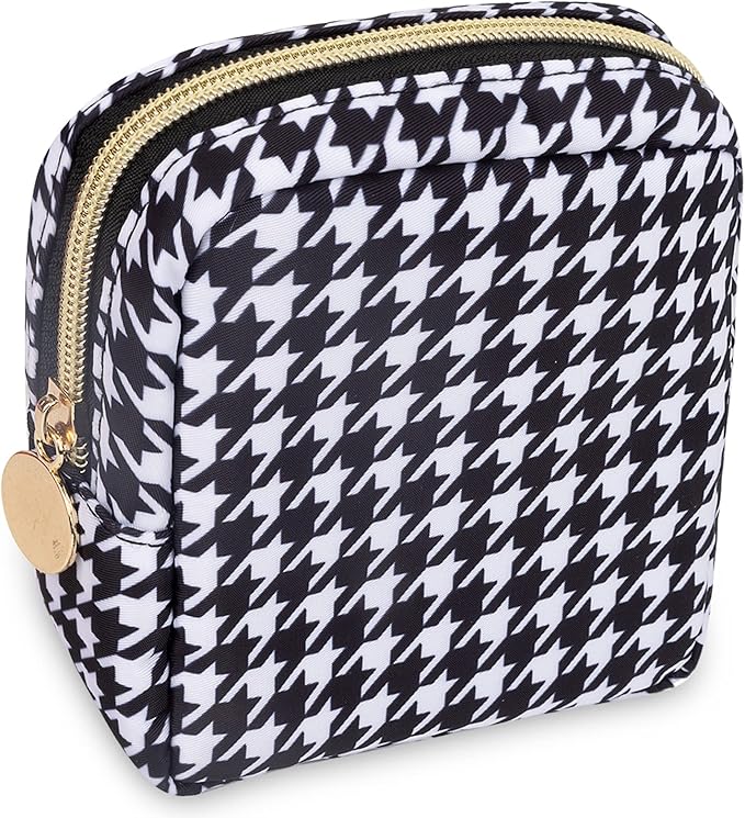 Nylon Mini Makeup Bag for Purse, Small Cute Makeup Bag Preppy Cosmetic Zipper Pouch Purse, Waterproof Travel Coin Pouch Sanitary Napkin Storage Bag Makeup Organizer for Women Girls(Black Houndstooth)