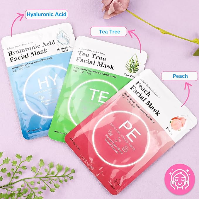 VESPRO 100 Pack Collagen Essence Sheet Facial Masks, Bulk Face Masks Skincare, Hydrating Face Masks for All Skin Types, Moisturizing and Soothing, Skin Care Spa Face Mask