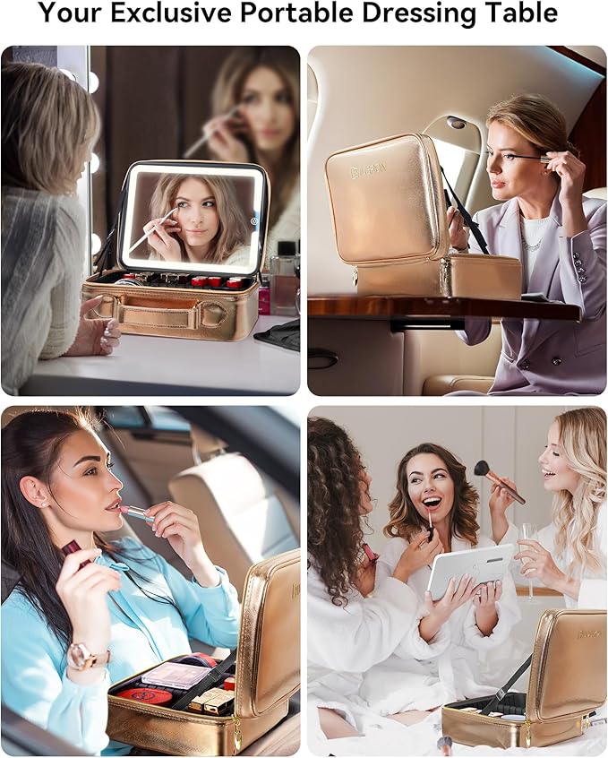 JUSRON Travel Makeup Bag With LED Mirror, Cosmetic Train Case with Light up Mirror, Portable Makeup Artist Organizer Bag with Adjustable Dividers, Makeup Brush Holder Storage (Rose Gold, Large)