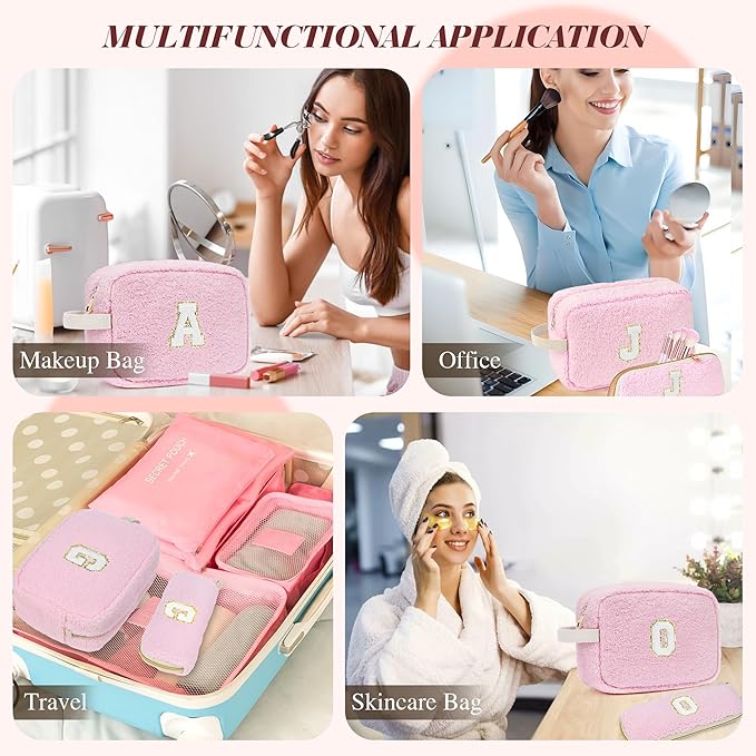 2PCS Makeup Bag with Initials, Christmas Day Gifts for Teen Girls Trendy Stuff, Personalized Cosmetic Travel Bag Pouch for Granddaughter, Cute Plush Make up Bags for Birthday - Pink B