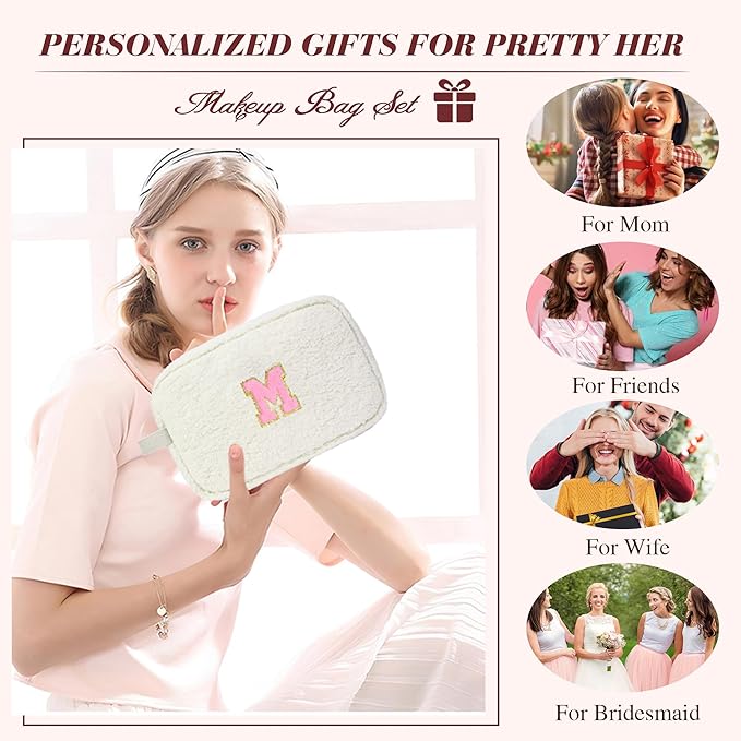 for Christmas Day Gifts, Travel Makeup Bag for Women, Initial Make Up Bag Set for 6 7 8 9 10 11 12 13 Years Old Kids Tween Girls, Large Cosmetic Skincare Bags for Birthday Gifts, White U