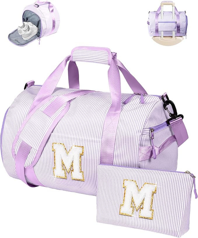 Trendy Gifts for Preteen, Girls Travel Duffle Bag, Kids Initial Overnight Duffel Bags with Shoe Compartment, Personalized Dance Bag with Cosmetic Pouch, Cute Birthday Gift (Letter M)