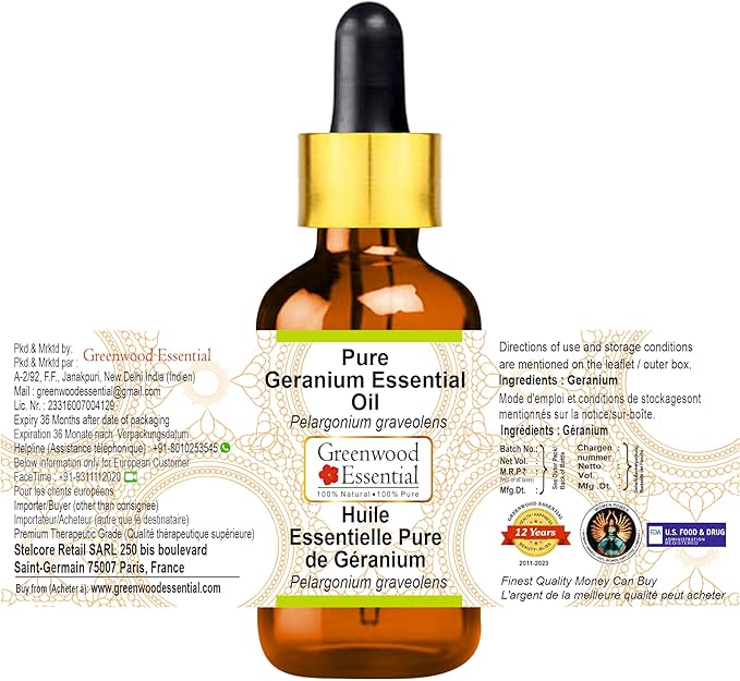 Greenwood Essential Pure Geranium Essential Oil (Pelargonium graveolens) with Glass Dropper Steam Distilled (Pack of Two) 100ml X 2 (6.76 oz)