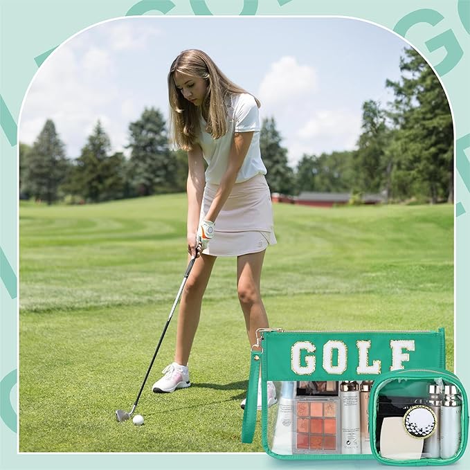 2 Pcs Golf Gifts Cosmetic Makeup Bag with Chenille Letter Patch, Clear Pouch PVC Organizer Purse, Waterproof Travel Bag, Portable Toiletry Storage Bag for Her Girls Friends Women
