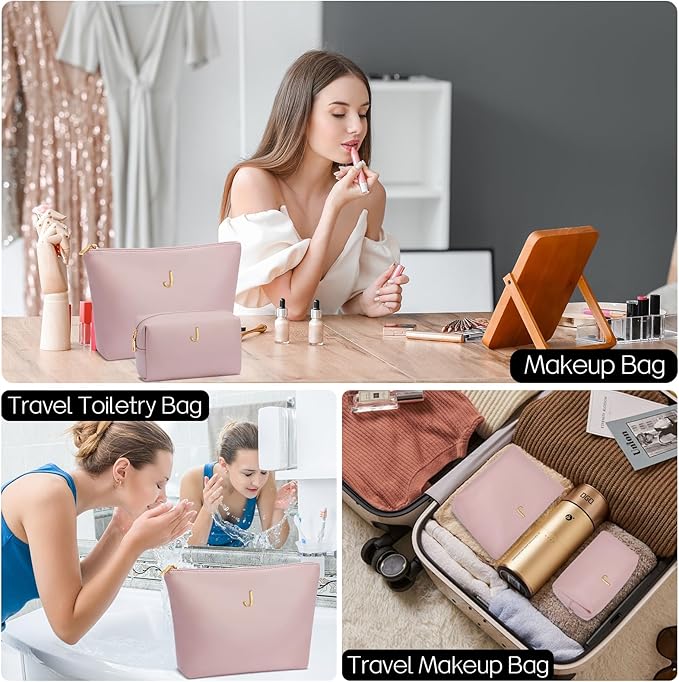 Women Gifts | Initial Makeup Bag Set for Girl Personalized Gifts for Bridesmaid Friend Graduation Teachers PU Leather Cosmetic Travel Toiletry Bag(Pink,J)