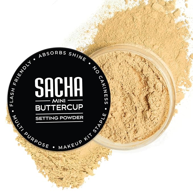 Sacha BUTTERCUP Mini Setting Powder. No Ashy Flashback. Blurs Fine Lines and Pores. Loose, Translucent Face Powder to Set Makeup Foundation or Concealer. For Medium to Dark Skin Tones, 0.35 oz.