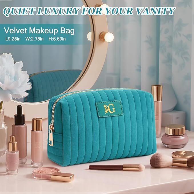 Monogrammed Make Up Bags for Women,Personalized Cosmetic Bags Women,Small Quilted Makeup Pouch,Cute Makeup Bag Travel,Birthday Gifts for Teen Girl (Blue G)