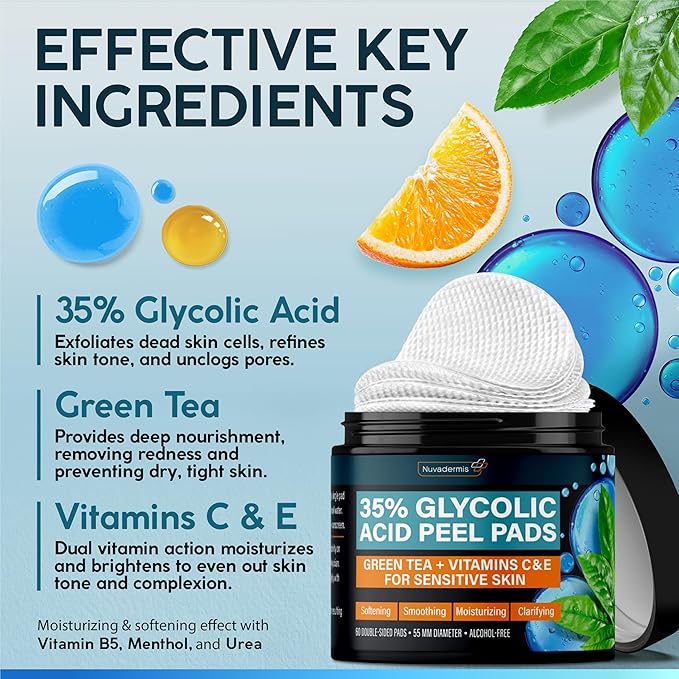 NUVADERMIS 35% Glycolic Acid Peel Pads – Exfoliating Facial Resurfacing for Blackheads, Dark Spots, and Acne – Safe for Sensitive Skin – 60 Double-Sided Pads
