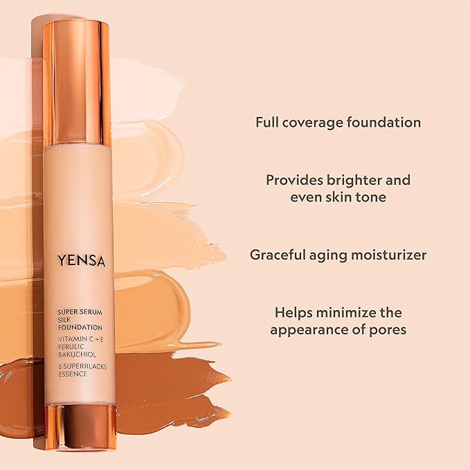 YENSA Serum Foundation Makeup - Super Silk Full Coverage Foundation Enriched with Peptides, Vitamin C & Ferulic Acid to Help Reduce Fine Lines, Wrinkles & Dark Circles - Deep 2 (1 oz)