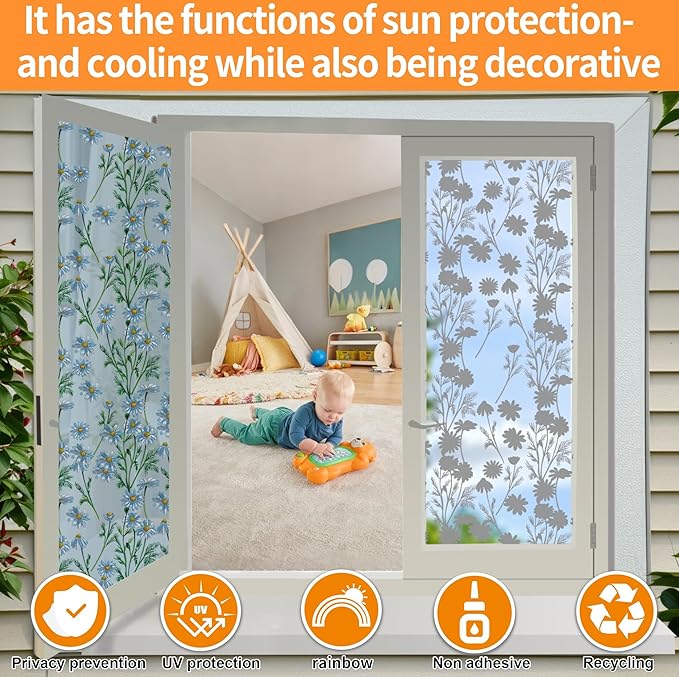 One Way Privacy Film, Window Tint for Home,Daytime Reflective, Anti UV Static Cling Sliding Door Coverings No Glue Garage Solar Paper (Silver -Daisy, 35.4 x 157.4 in)
