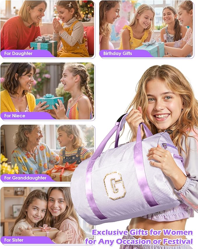 Trip Essentials, Girls Travel Duffle Bag, Kids Initial Overnight Duffel Bags with Shoe Compartment, Personalized Dance Bag with Cosmetic Pouch, Preppy Things for Daughter (Letter F)