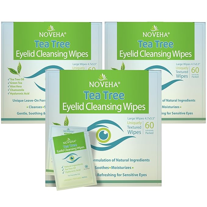 NOVEHA 180PCs Tea Tree Oil Eyelid & Lash Wipes With Hyaluronic Acid, Green Tea & Chamomile For Blepharitis & Itchy Eyes, Individually Wrapped Eyelash Wipes Natural Makeup Remover & Daily Cleanser