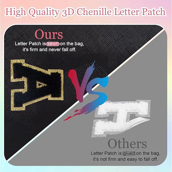 Small Personalized Letter Makeup Bag, Cute PU Leather Chenille Letters Cosmetic Bag Travel Makeup Pouch, Preppy Travel Organizer Zipper Pouch for Women&Girls（Black-Q）