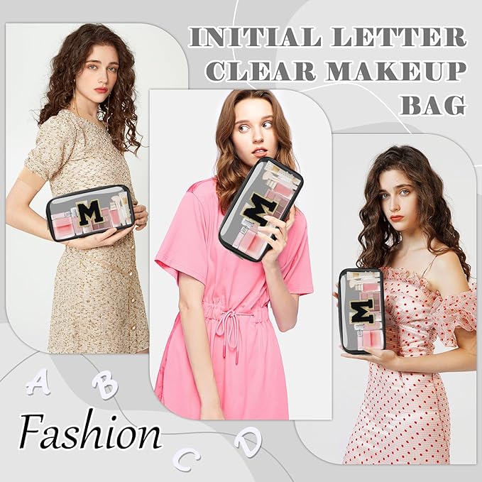 Personalized Initial Letter Clear Makeup Bag,Preppy Small Nylon&PVC Cosmetic Zipper Bag with Chenille Letter,Travel Skincare Toiletry Bag,Monogram Christmas Gift for Teen Girls Women,M