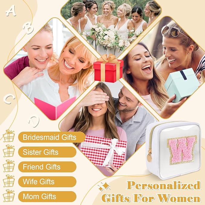 Personalized Initial Letter Clear Preppy Makeup Bag,Mini Nylon Chenille Letter Cosmetic Bag Cute Zipper Pouch Purse for Teen Girls,Portable TSA Approved Beach Travel Essentials Bag Gift for Women,W