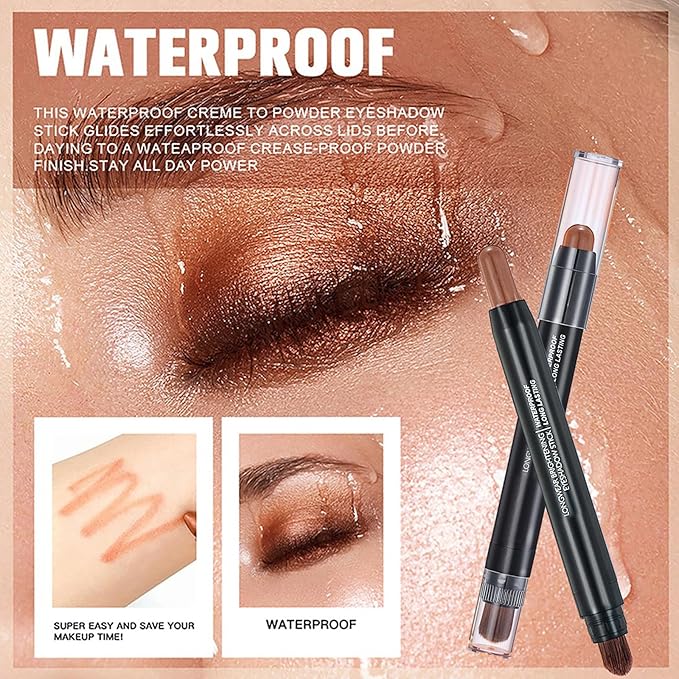 Chocolate Brown Dual Ended Eyeshadow Stick 12 Colors Matte and Shimmer Waterproof Long Lasting Creamy Eyeshadow Pencil for Smokey Eye Natural Everyday Makeup