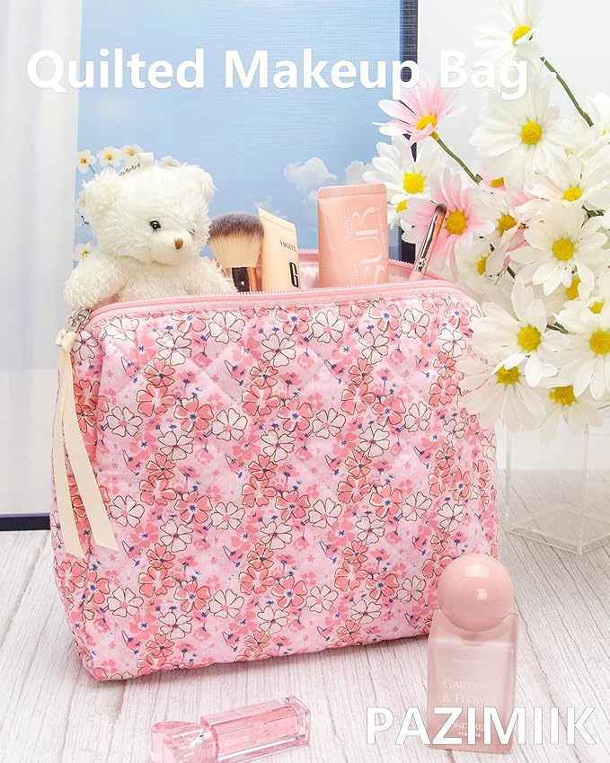 PAZIMIIK Quilted Makeup Bag Large Travel Zipper Soft Cosmetic Pouch for Women Girls Make Up,Pink Flower