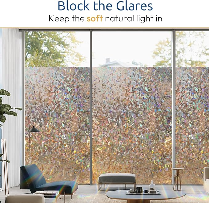 rabbitgoo Window Privacy Film Rainbow Film Decorative Window Sticker, 3D Static Stained Glass Cling Tint for Home Heat Control Non-Adhesive, Brown, 35.4 x 118.1 inches