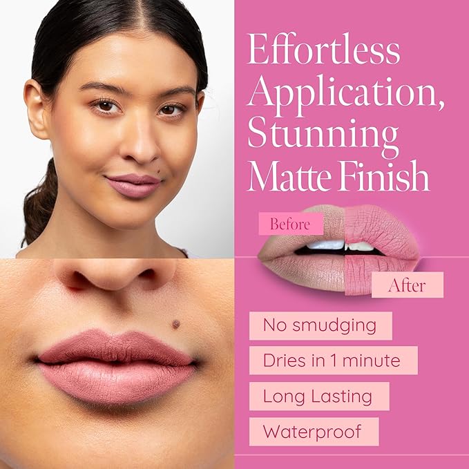 Aromi Pink Nude Matte Liquid Lipstick | Blush Beige Lip Color, Long-lasting, Waterproof, Vegan, Cruelty-free, Handmade (Toasted Almond)